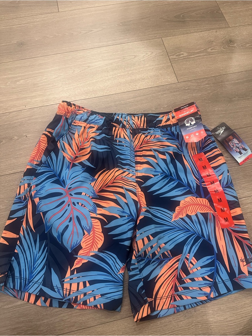 Speedo‎ Mens Tech Volley Swim Trunks Tropical Palm Print Blue Orange Medium NWT